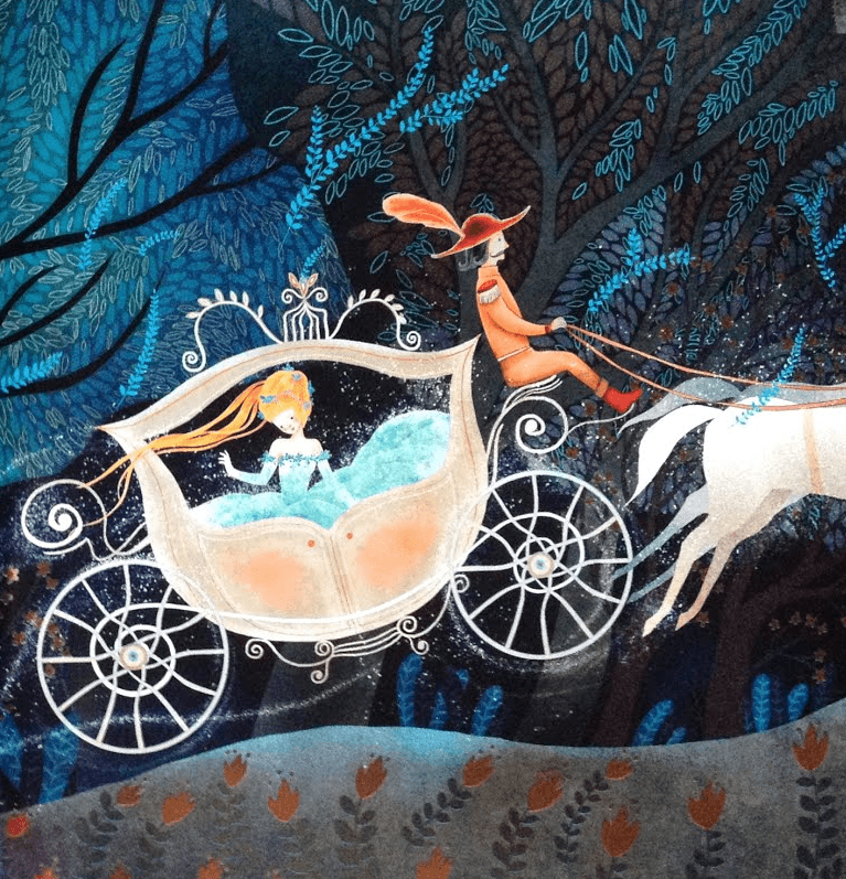un dipinto di una donna che cavalca in una carrozza con un cavallo