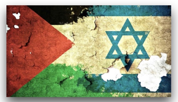 la bandiera di Israele dipinta su un muro rotto