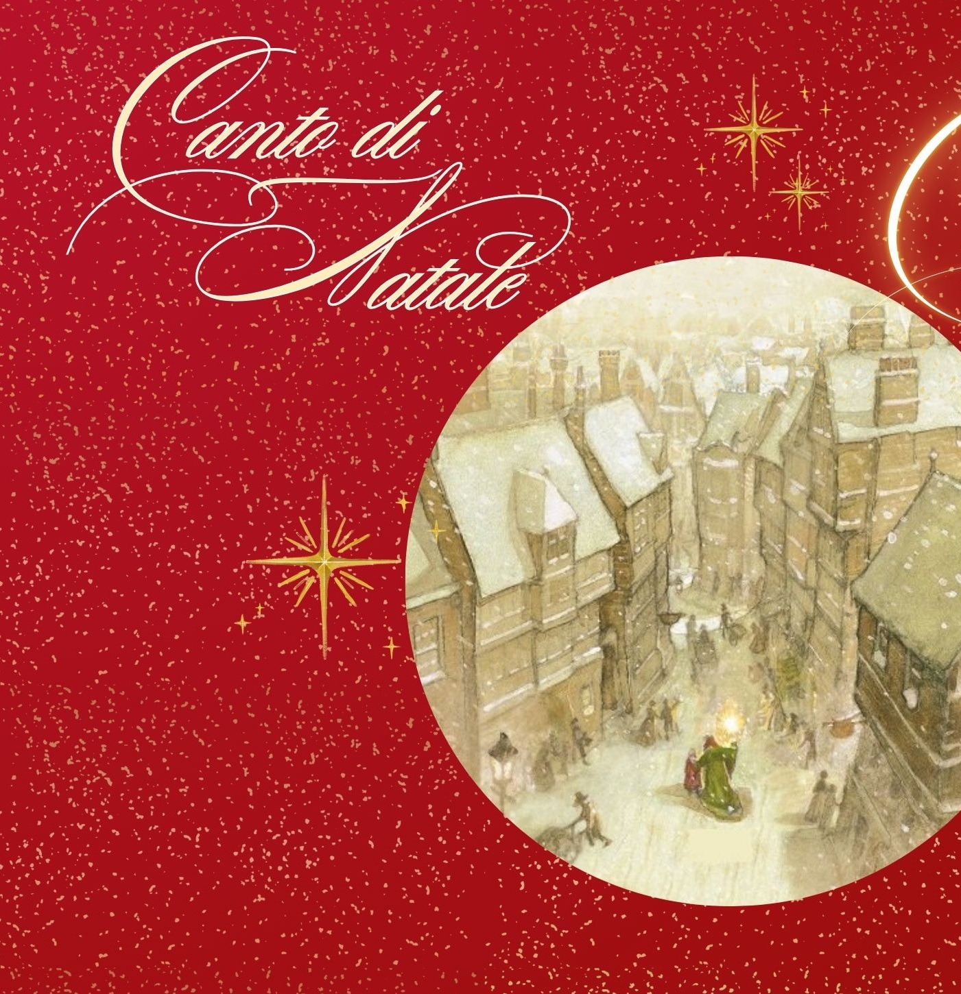 un biglietto di Natale rosso con l'immagine di una città