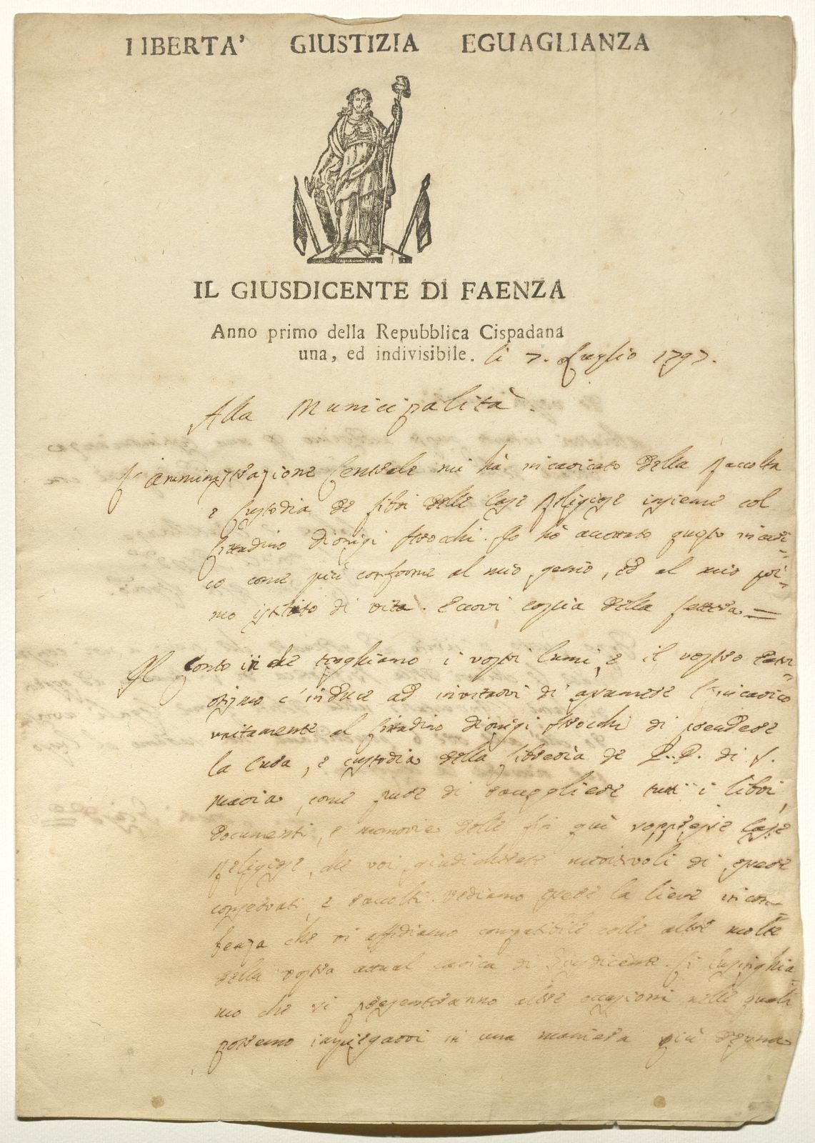 Il giusdicente di Faenza Francesco Conti alla Municipalità (7 luglio 1797), r