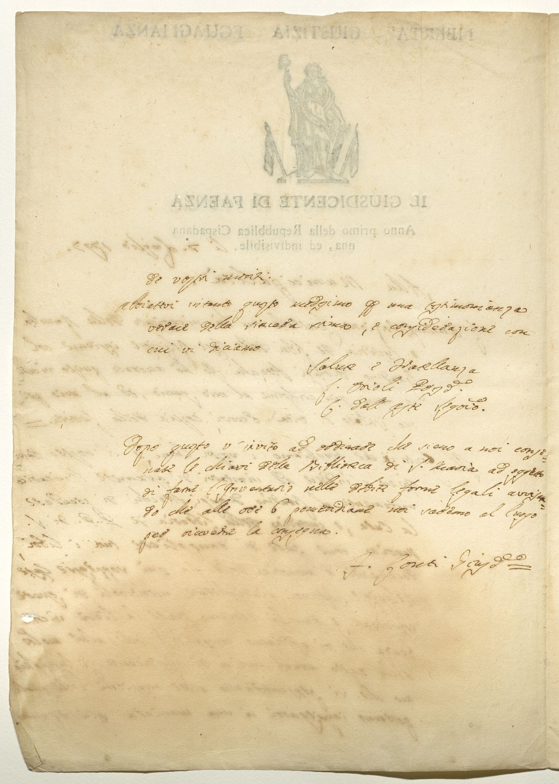 Il giusdicente di Faenza Francesco Conti alla Municipalità (7 luglio 1797), v