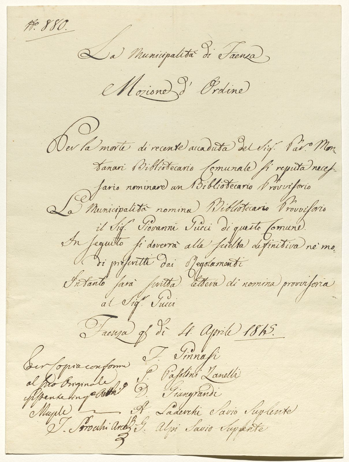 Mozione d’ordine del Comune di Faenza (4 aprile 1815)
