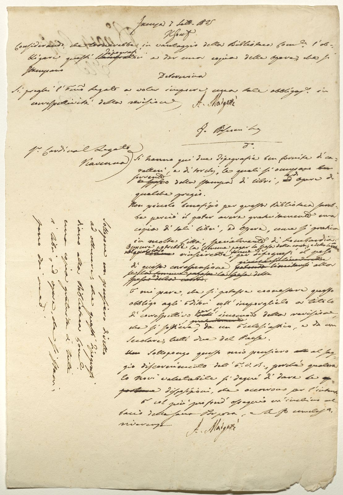 Lettera di A. Margotti al Cardinal Legato di Ravenna (7 settembre 1825)
