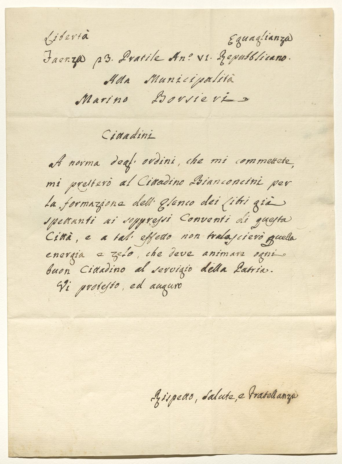 Marino Borsieri alla Municipalità (11 giugno 1798) una lettera scritta a mano da persona a persona