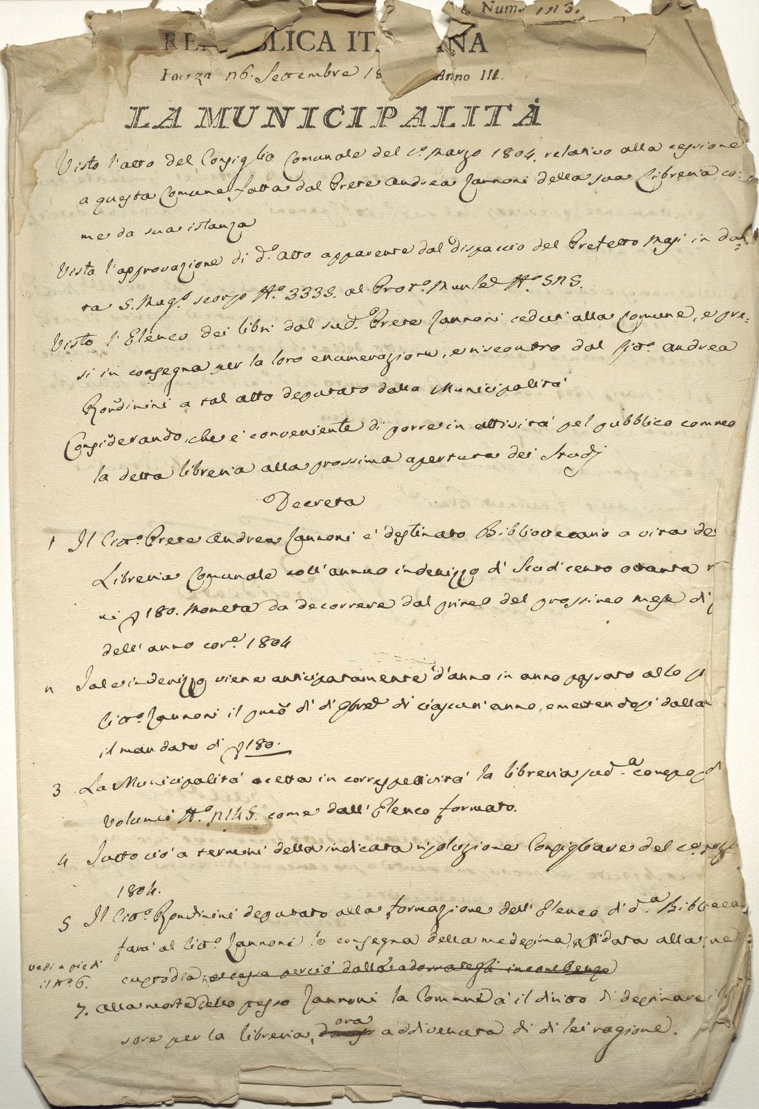 Decreto di nomina di Andrea Zannoni a bibliotecario della Libreria comunale (26 settembre 1804) r