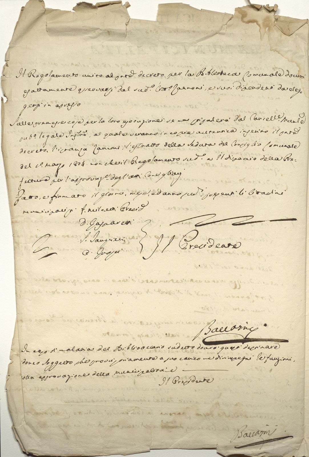 Decreto di nomina di Andrea Zannoni a bibliotecario della Libreria comunale (26 settembre 1804) v
