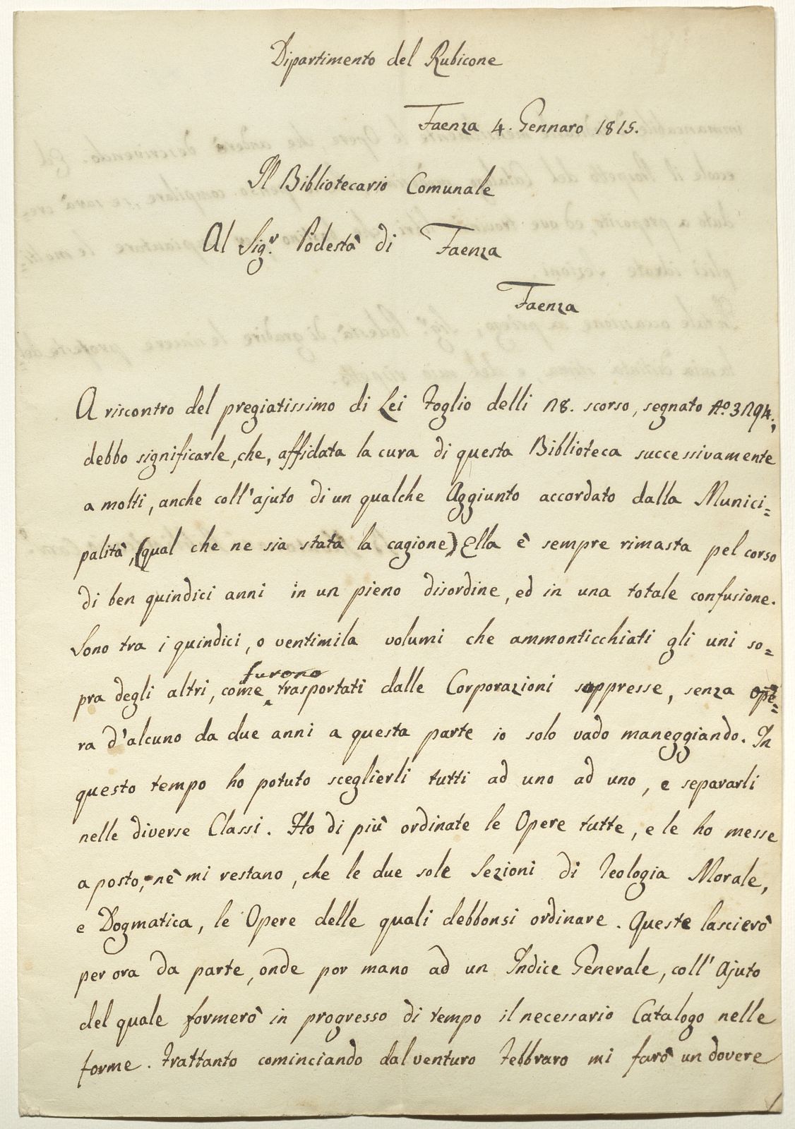 Bernardo Montanari al Podestà di Faenza (4 gennaio 1815) r